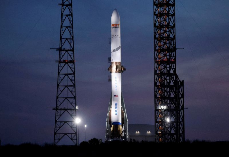 A Blue Origin New Glenn rocket is prepared for launch at the Cape Canaveral Space Force Station in Cape Canaveral, Florida, U.S., April 18, 2026. It will be the third launch of New Glenn, and it will carry the AST SpaceMobile’s BlueBird 7satellite into low Earth orbit. REUTERS/Joe Skipper