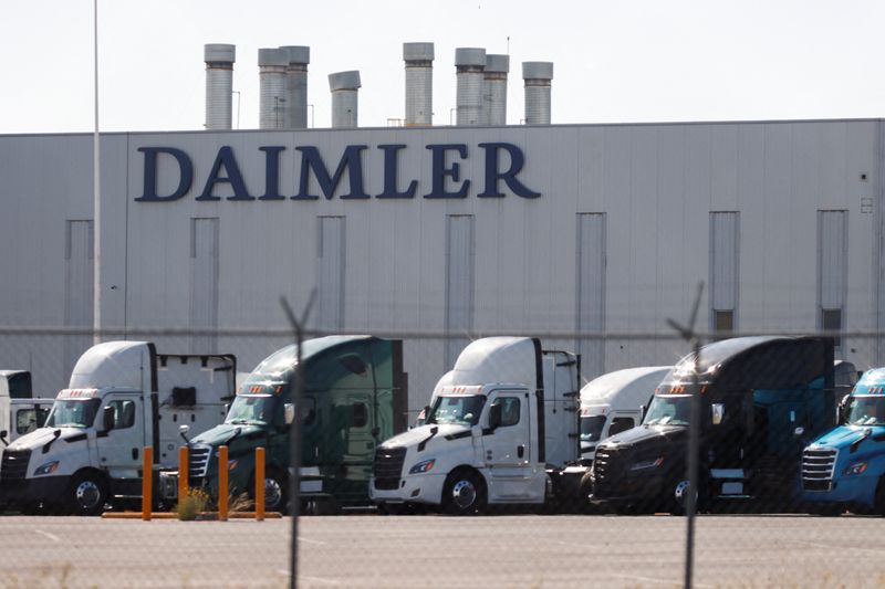 The Daimler logo hangs on a wall at Daimler Freightliner truck assembly plant in Derramadero, Coahuila state, Mexico, September 27, 2025. REUTERS/Antonio Ojeda
