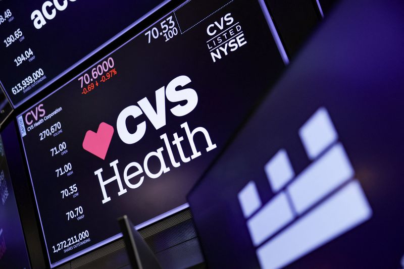 A screen displays the logo and trading information for CVS at the New York Stock Exchange (NYSE) in New York City, U.S., March 24, 2026. REUTERS/Jeenah Moon/File Photo