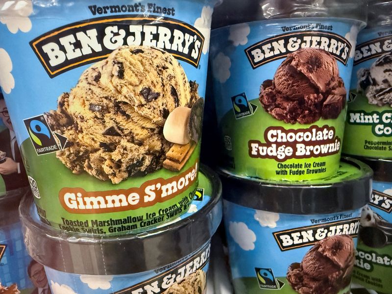 Varieties of Ben & Jerry's ice cream sits on display, as co-founder Jerry Greenfield has quit his role as "brand ambassador" after a rift and public feud with parent Unilever company, over the conflict in Gaza, at a store in the Queens borough of New York City, U.S., September 17, 2025. REUTERS/Shannon Stapleton/File Photo