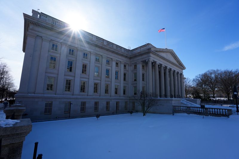 A general view of the Treasury Building on day two of a partial government shutdown in Washington, D.C., U.S., February 1, 2026. REUTERS/Ken Cedeno