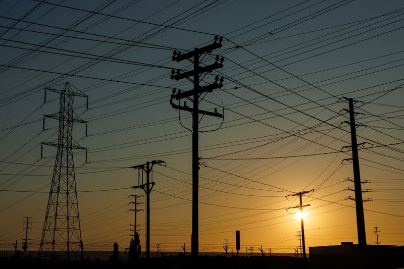 Electrical transmission towers, poles and lines are shown in California, U.S, August 7, 2025.  REUTERS/Mike Blake/File Photo