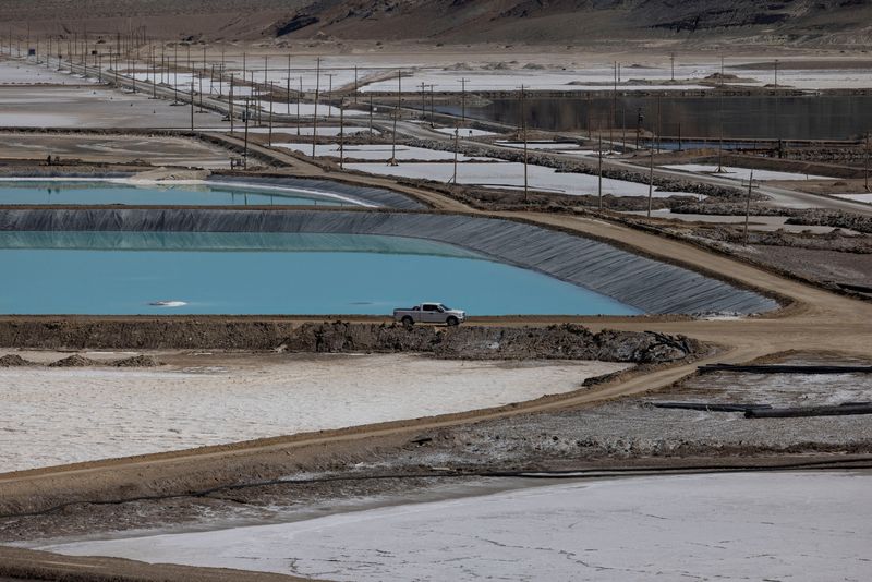 Lithium evaporation ponds are seen at Albemarle Lithium production facility in Silver Peak, Nevada, U.S. October 6, 2022. REUTERS/Carlos Barria