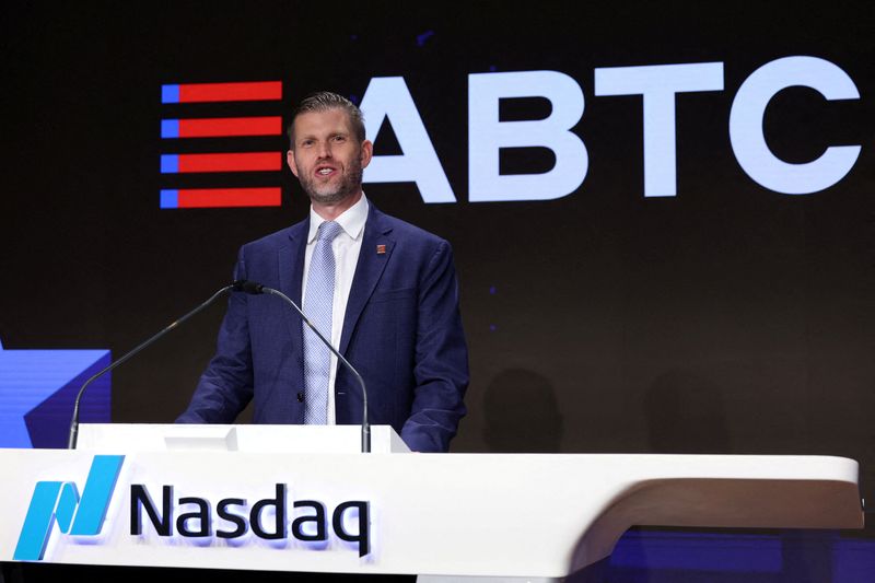Eric Trump, Co-Founder and Chief Strategy Officer of American Bitcoin Corp., speaks during the the opening bell ceremony at the Nasdaq Market in New York City, U.S., September 16, 2025.  REUTERS/Brendan McDermid