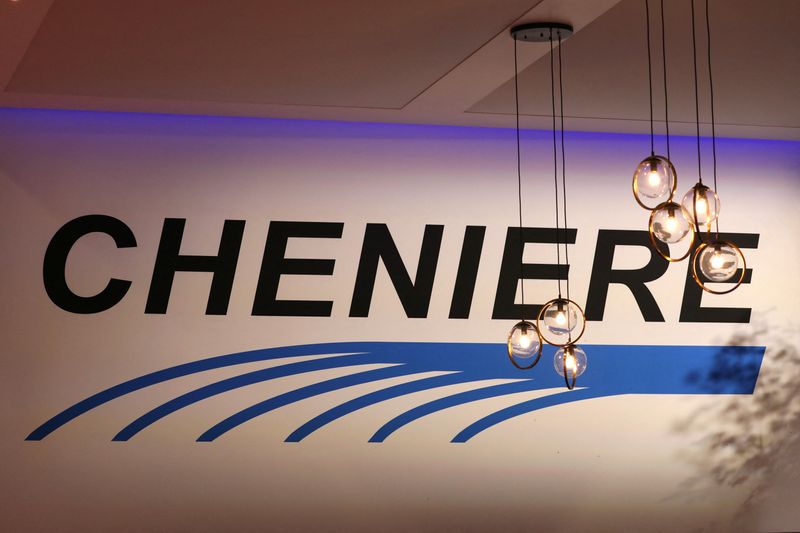 The logo of Houston-based liquefied natural gas company Cheniere seen during the LNG 2023 energy trade show in Vancouver, British Columbia, Canada, July 12, 2023. REUTERS/Chris Helgren/File Photo