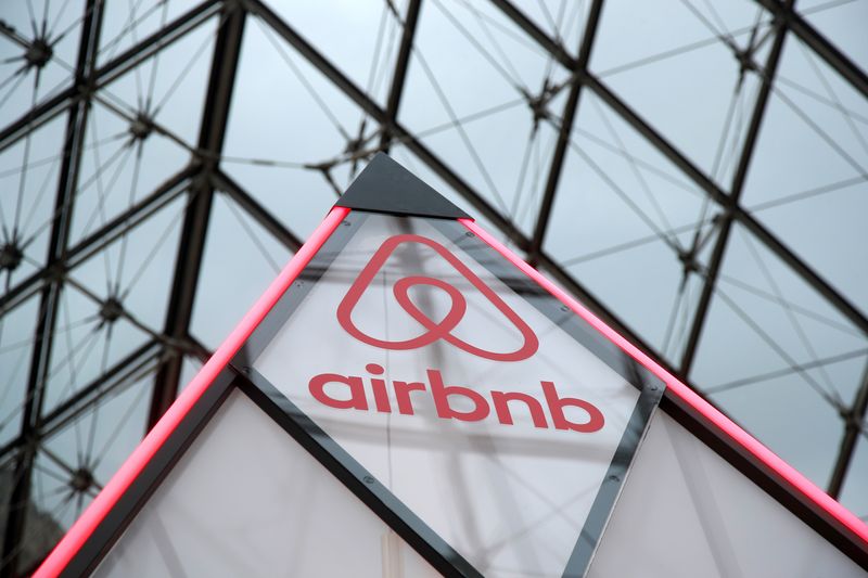 The Airbnb logo is seen on a little mini pyramid under the glass Pyramid of the Louvre museum in Paris, France, March 12, 2019. REUTERS/Charles Platiau