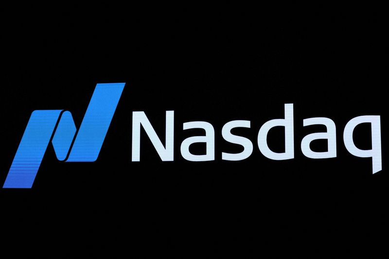 FILE PHOTO: The Nasdaq logo is displayed on a screen at the Nasdaq Market site in New York City, U.S., April 17, 2026. REUTERS/Brendan McDermid/File Photo