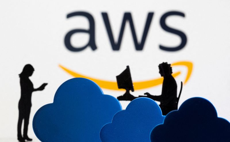 3D printed clouds and figurines are seen in front of the AWS (Amazon Web Service) cloud service logo in this illustration taken February 8, 2022. REUTERS/Dado Ruvic/Illustration