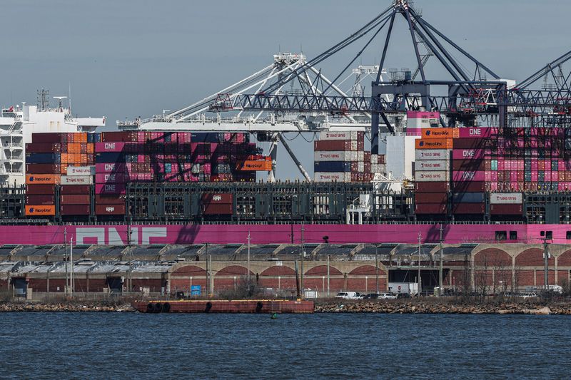 Containers are stacked on the deck of cargo ship One Minato at Port Liberty New York in Staten Island, New York, U.S., April 2, 2025. REUTERS/Jeenah Moon