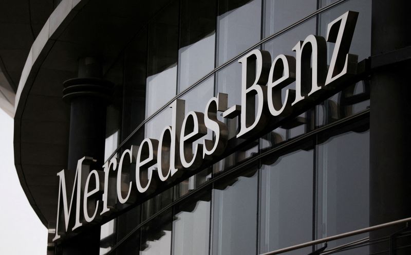 FILE PHOTO: The logo of Mercedes-Benz is displayed on the facade of a Panavto dealership in Moscow, Russia, December 19, 2025. REUTERS/Ramil Sitdikov/File Photo