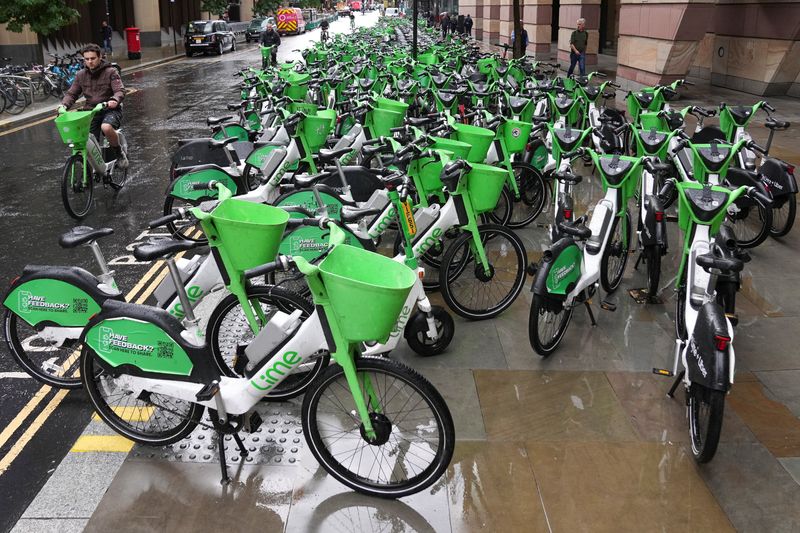 Lime bikes are parked in central London as tube rail strikes continue in London, Britain, September 11, 2025. REUTERS/Maja Smiejkowska