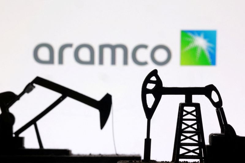 3D-printed oil pump jacks and the Saudi Aramco logo appear in this illustration taken March 2, 2026. REUTERS/Dado Ruvic/Illustration