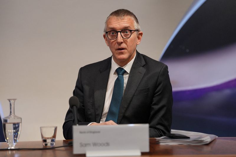 FILE PHOTO Sam Woods, Deputy Governor for Prudential Regulation, during the Bank of England financial stability report press conference, at the Bank of England, London. Picture date: Tuesday December 2, 2025.    Yui Mok/Pool via REUTERS/File Photo