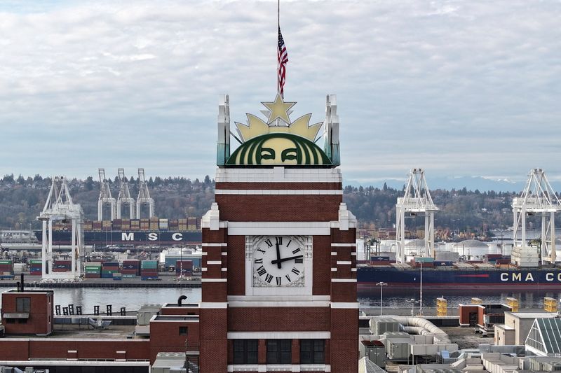 A drone picture of Starbucks global headquarters in Seattle, Washington, U.S., November 12, 2025. REUTERS/Matt Mills McKnight