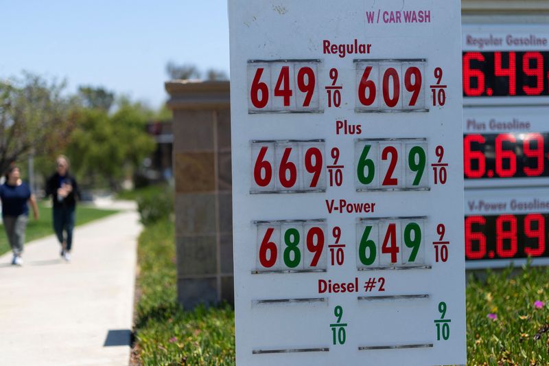 The current price of gasoline is shown at a gas station in Encinitas, California, U.S., May 11, 2026.  REUTERS/Mike Blake