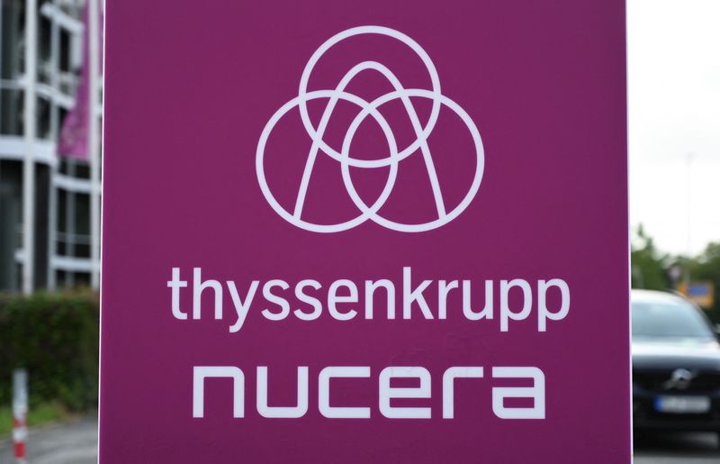 The logo of Thyssenkrupp Nucera, one of Europe's biggest IPOs this year, is pictured at the headquarters of Thyssenkrupp's hydrogen division in Dortmund, Germany July 4, 2023.   REUTERS/Stephane Nitschke