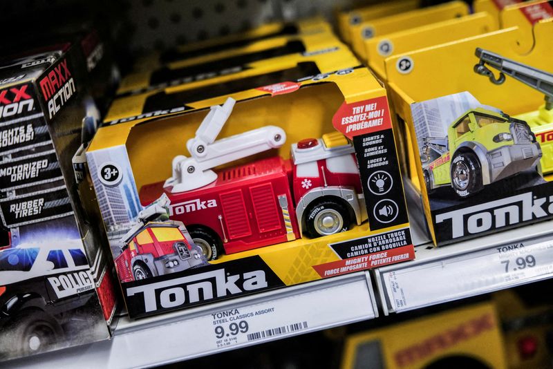 FILE PHOTO: Tonka toys, sold by Basic Fun!, are displayed at a store in New York City, U.S., April 9, 2025. REUTERS/Jeenah Moon//File Photo
