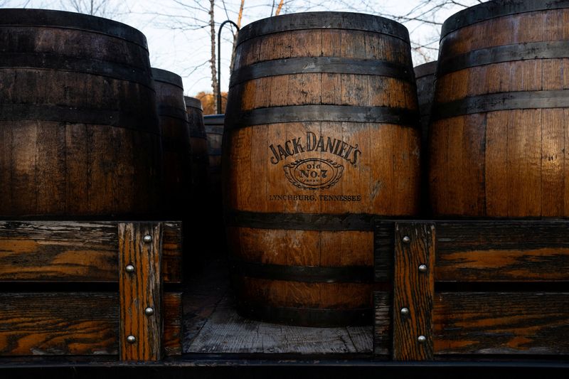 FILE PHOTO: Whiskey barrels are placed on a truck at the Jack Daniel Distillery in Lynchburg, Tennessee, U.S. February 3, 2025. REUTERS/Kevin Wurm/File Photo