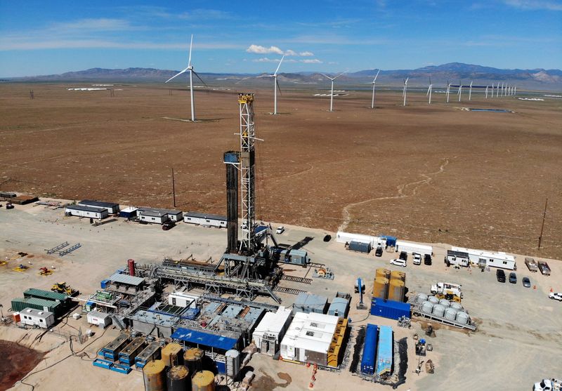 FILE PHOTO: Drilling continues on an electric powered drilling platform at the Cape Station geothermal project in Milford, Utah, U.S. June 10, 2025. REUTERS/Jim Urquhart/File Photo