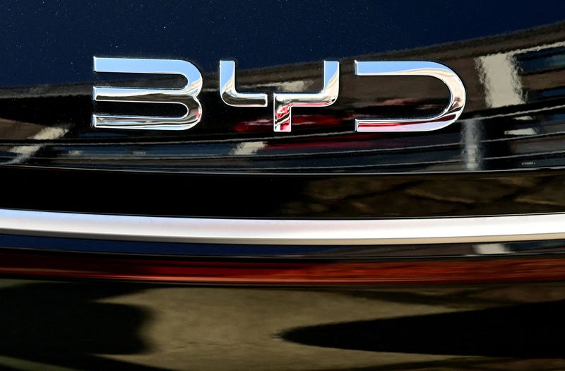 FILE PHOTO: The BYD logo on an ATTO 3 EVO vehicle during a media driving event of Chinese carmaker BYD (Build Your Dreams) in Hamburg, Germany, March 19, 2026. REUTERS/Fabian Bimmer/File Photo
