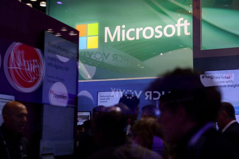 FILE PHOTO: Signage for Microsoft is seen through glass at National Retail Federation (NRF) 2026: Retail's Big Show, in New York City, U.S., January 12, 2026. REUTERS/Kylie Cooper/File Photo