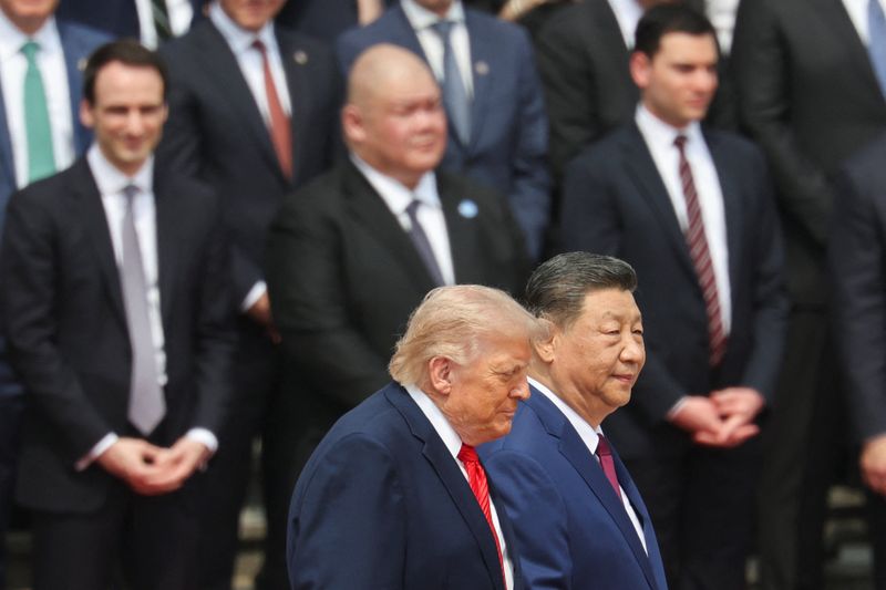 U.S. President Donald Trump participates in a welcome ceremony with Chinese President Xi Jinping at the Great Hall of the People in Beijing, China, May 14, 2026. REUTERS/Maxim Shemetov/Pool
