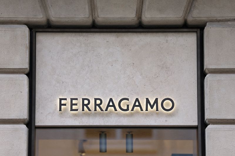 FILE PHOTO: A view of Italian luxury fashion house Salvatore Ferragamo's logo at a store in Milan, Italy, March 6, 2024. REUTERS/Claudia Greco/File Photo