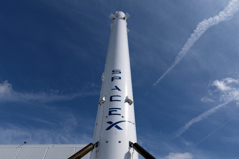 The SpaceX Falcon 9 rocket booster is shown outside the company’s facility in Hawthorne California, U.S., April 23, 2026. REUTERS/Mike Blake