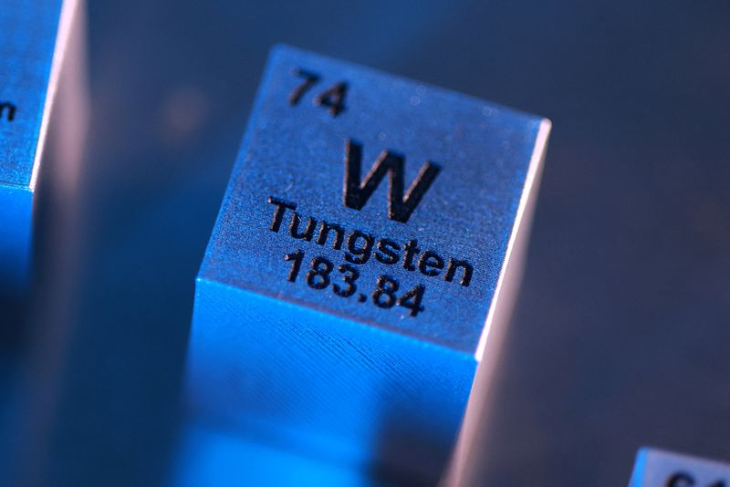 A block with the symbol, atomic number and mass number of Tungsten (W) element, in this illustration taken January 21, 2026. REUTERS/Dado Ruvic/Illustration