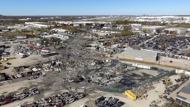 A drone view of the crash site next to a runway at the Muhammad Ali International Airport following the crash of a UPS cargo plane in Louisville, Kentucky, U.S., in this screengrab from a video released November 7, 2025.    NTSB/Handout via REUTERS