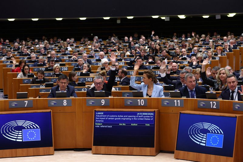 Members of the European Parliament attend a session to vote on legislation to cut import duties for U.S. products, in Brussels, Belgium March 26, 2026. REUTERS/Yves Herman