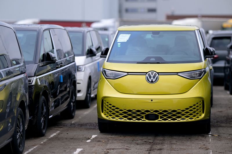 A Volkswagen ID. Buzz electric vehicle is parked at the company's plant in Hanover, Germany, December 17, 2024. REUTERS/Fabian Bimmer
