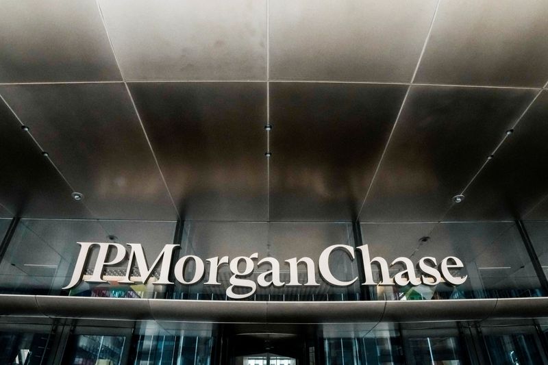 FILE PHOTO: The JPMorgan Chase & Co. logo in one of the headquarters’ entrances in New York City, U.S., April 1, 2026. REUTERS/Eduardo Munoz/File Photo