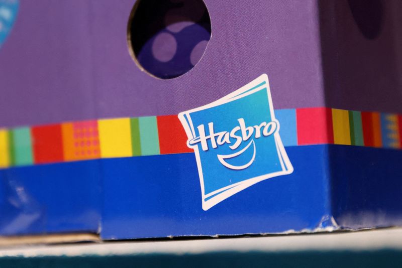 FILE PHOTO: The Hasbro, Inc. logo is seen on a toy for sale in a store in Manhattan, New York, U.S., November 16, 2021. REUTERS/Andrew Kelly/File Photo