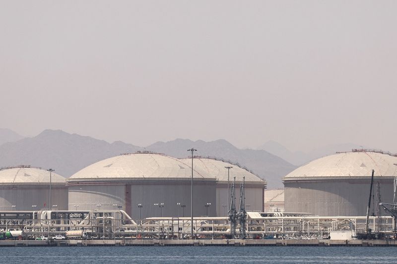 Oil containers at the Port of Fujairah, as the U.S.-Israel conflict with Iran limits marine traffic in the Strait of Hormuz, in Fujairah, United Arab Emirates, May 6, 2026. REUTERS/Amr Alfiky/File Photo