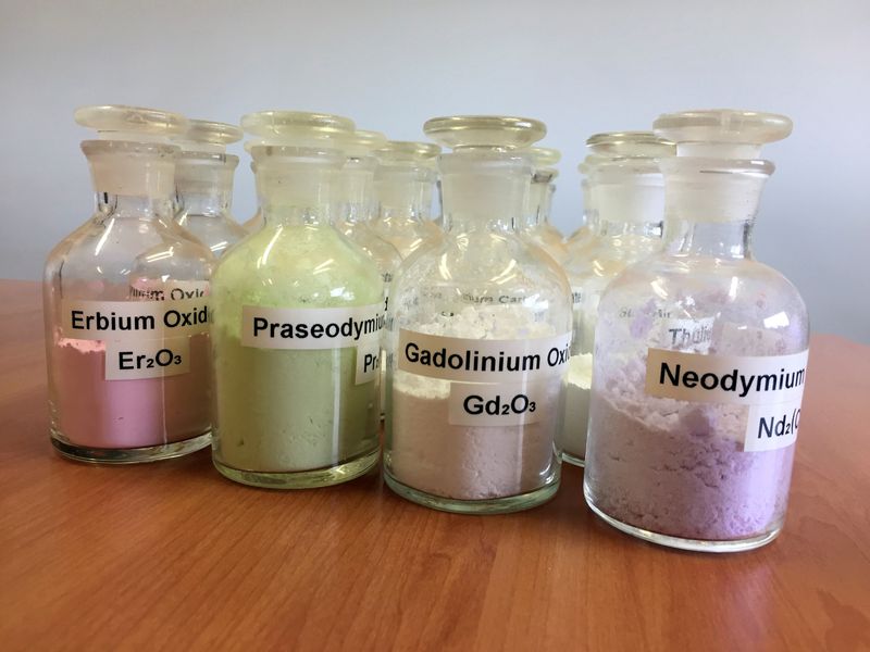 Jars containing rare earth minerals produced by Australia's Lynas Corp from its Mount Weld operations are seen near Laverton, northeast of Perth, Australia, August 23, 2019. Picture taken August 23, 2019. REUTERS/Melanie Burton