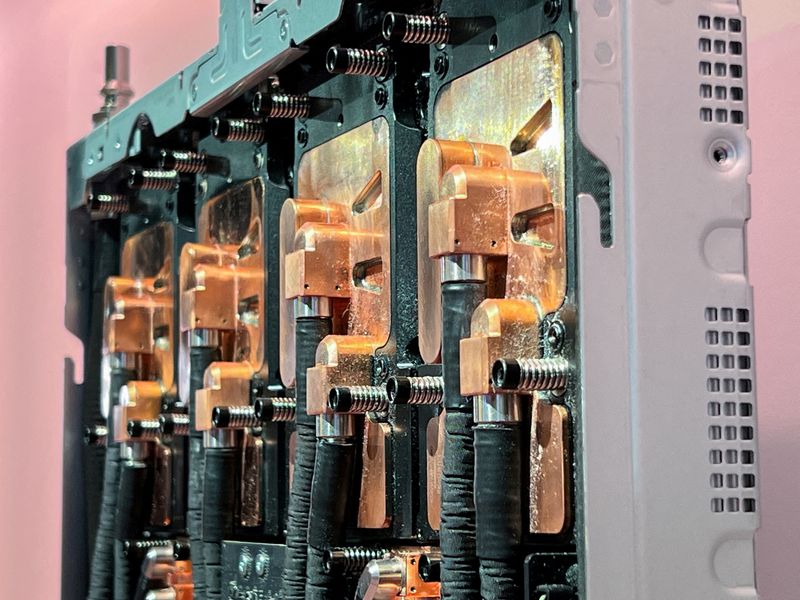 FILE PHOTO: Data center servers and components containing the newest artificial intelligence chips from Nvidia are seen on display at the company's GTC software developer conference in San Jose, California, U.S., March 19, 2025. REUTERS/Stephen Nellis/File Photo