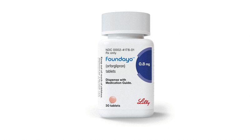 FILE PHOTO: A bottle of Eli Lilly’s Foundayo weight-loss pills in this undated illustration. Eli Lilly/Handout via REUTERS    THIS IMAGE HAS BEEN SUPPLIED BY A THIRD PARTY/File Photo