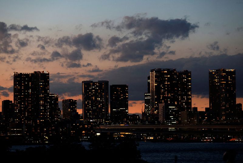 High-rise apartment buildings and high-rise office buildings are seen along Tokyo Bay waterfront area at dusk in Tokyo, Japan November 30, 2023.  REUTERS/Issei Kato