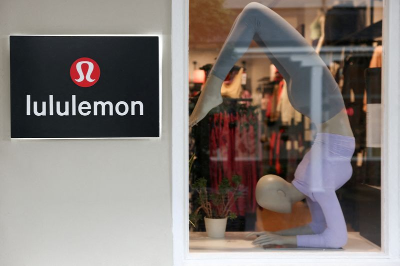 FILE PHOTO: A logo is displayed outside a Lululemon outlet retail store at Bicester Village in Oxfordshire, Britain, August 21, 2024. REUTERS/Hollie Adams/File Photo