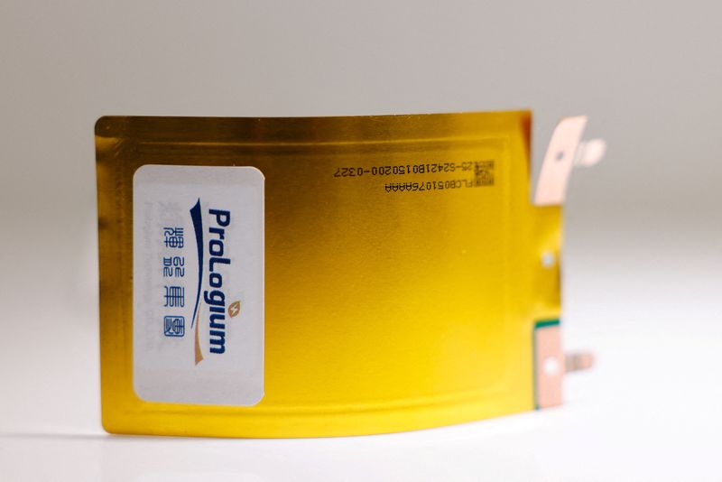 FILE PHOTO: FPC Lithium Ceramic Battery is on display at Taiwanese EV battery maker ProLogium's showroom in Taoyuan, Taiwan January 23, 2024. REUTERS/Ann Wang/File Photo