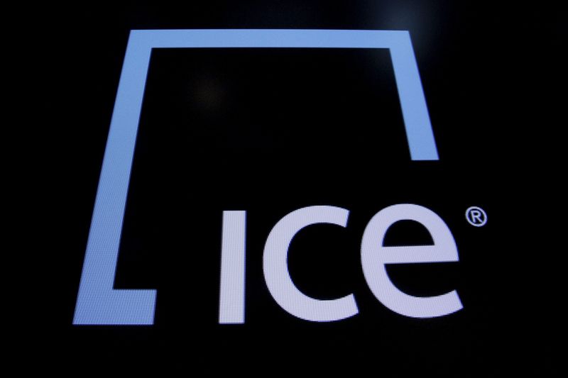 A screen displays the ticker symbol and logo for Intercontinental Exchange Inc. (ICE) on the floor of the New York Stock Exchange (NYSE) March 1, 2016. REUTERS/Brendan McDermid