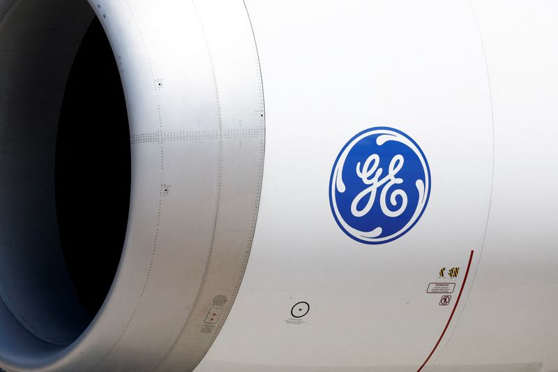 A General Electric (GE) logo is seen on the engine of a Boeing 777-9 aircraft on display during the 54th International Paris Airshow at Le Bourget Airport near Paris, France, June 18, 2023. REUTERS/Benoit Tessier