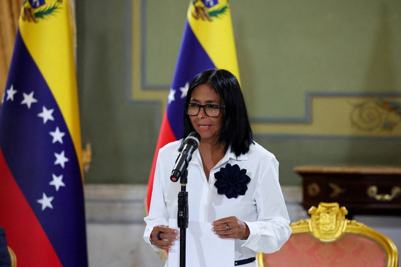 FILE PHOTO: Venezuela's interim President Delcy Rodriguez addresses the media, in Caracas, Venezuela April 13, 2026. REUTERS/Leonardo Fernandez Viloria/File Photo