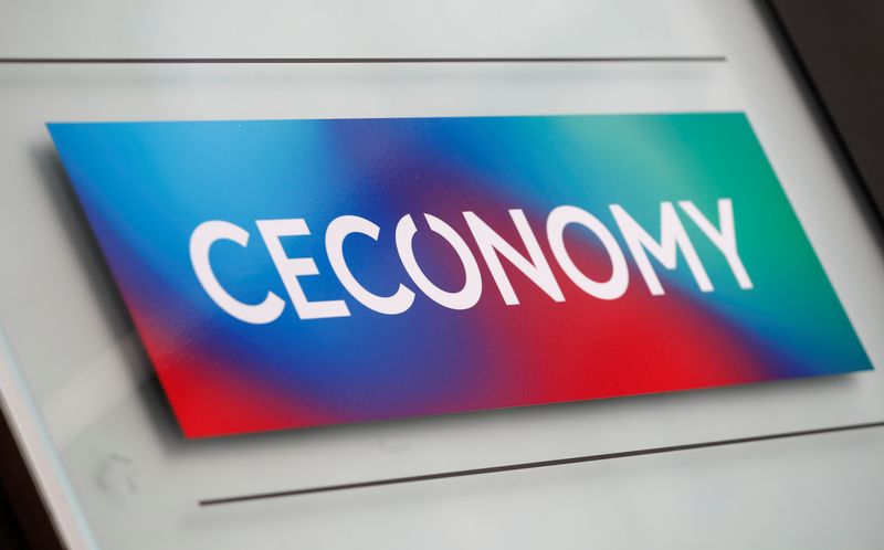 The logo of Ceconomy AG, Europe's largest consumer electronics retailer operating the consumer electronic chains Media Markt and Saturn is pictured at the company's headquarters in Duesseldorf, Germany, August 9, 2019.   REUTERS/Wolfgang Rattay