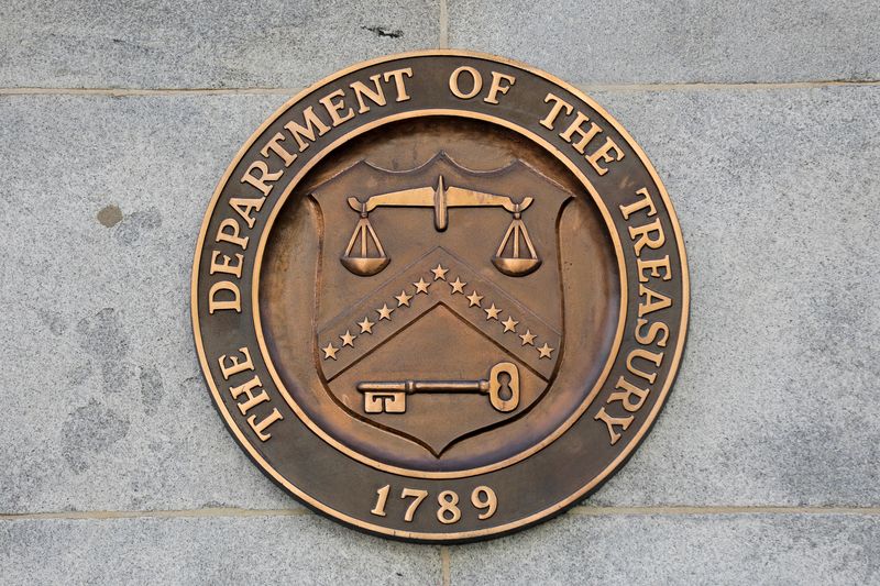 FILE PHOTO: Signage is seen at the United States Department of the Treasury headquarters in Washington, D.C., U.S., August 29, 2020. REUTERS/Andrew Kelly/File Photo/File Photo