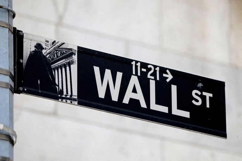 FILE PHOTO: FILE PHOTO: A street sign for Wall Street is seen outside of the New York Stock Exchange (NYSE) in New York City, U.S., June 28, 2021. REUTERS/Andrew Kelly/File Photo