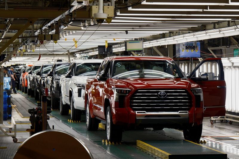 Tundra trucks and Sequoia SUV's exit the assembly line as finished products at Toyota's truck plant in San Antonio, Texas, U.S. April 17, 2023.  REUTERS/Jordan Vonderhaar