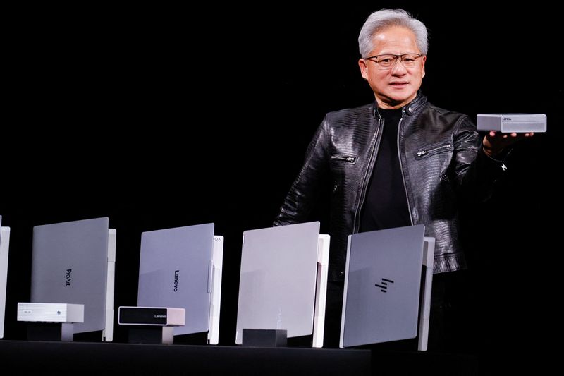 NVIDIA CEO Jensen Huang introduces laptop models using RTX Spark GPUs during a keynote speech on the sidelines of the Computex trade show in Taipei, Taiwan, June 1, 2026. REUTERS/Ann Wang