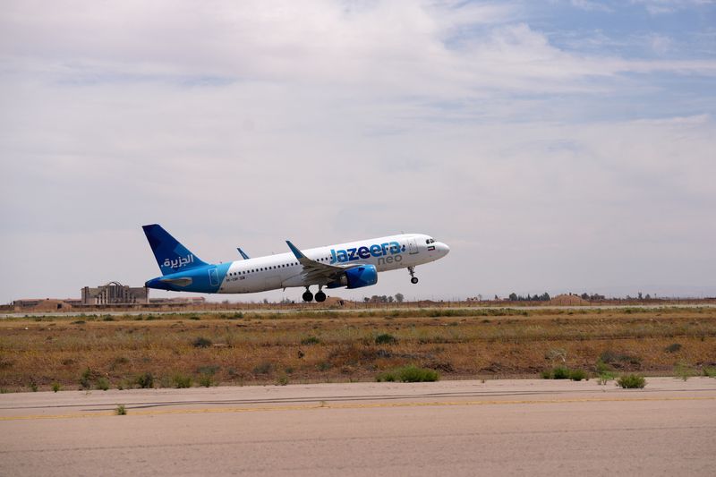 A Jazeera Airways Airbus A320neo takes off from Damascus International Airport, as regional airlines resume their flights to Syria after a hiatus because of the war, in Damascus, Syria, May 31, 2026. Syria's General Authority of Civil Aviation/Handout via REUTERS